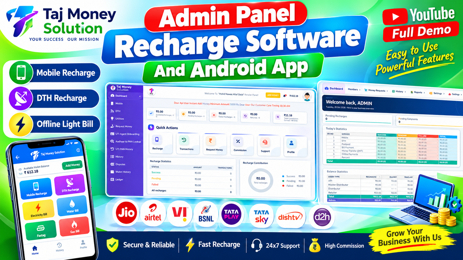 Admin Panel Recharge Software And Android App Services Mobile And Dth Recharge and OfflineLight Bill